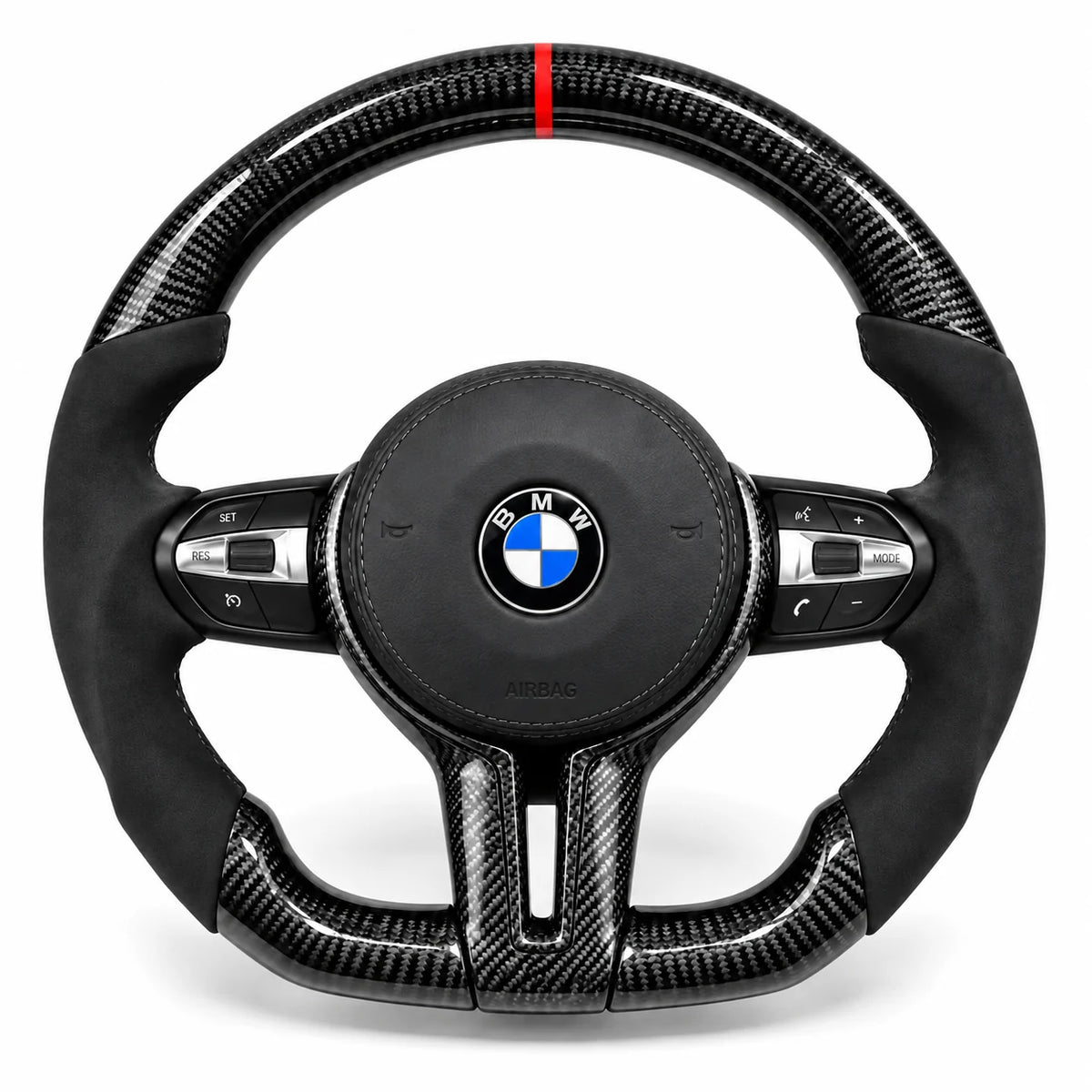 Volant carbone pour BMW Série 1, 3 et 4 F20 F30 F32 vu de face, côtés en alcantara noir, repère rouge au sommet