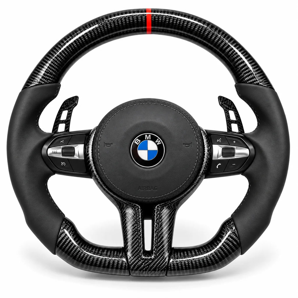 Version cuir lisse noir du même volant, haut et bas en carbone brillant, BMW Série 1, 3 et 4 F20 F30 F32 (palettes au volant en option, non comprises)