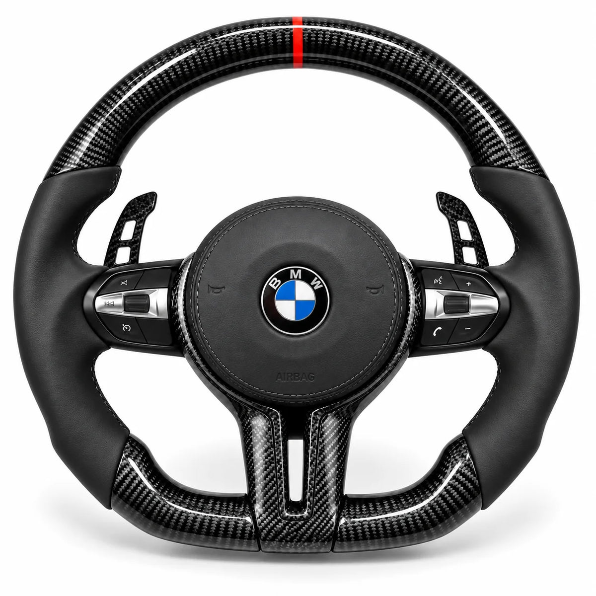 Version cuir lisse noir du même volant, haut et bas en carbone brillant, BMW Série 1, 3 et 4 F20 F30 F32 (palettes au volant en option, non comprises)