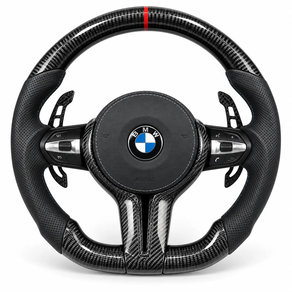 Version cuir perforé noir du même volant, haut et bas en carbone brillant, BMW F30 (palettes au volant en option, non comprises)