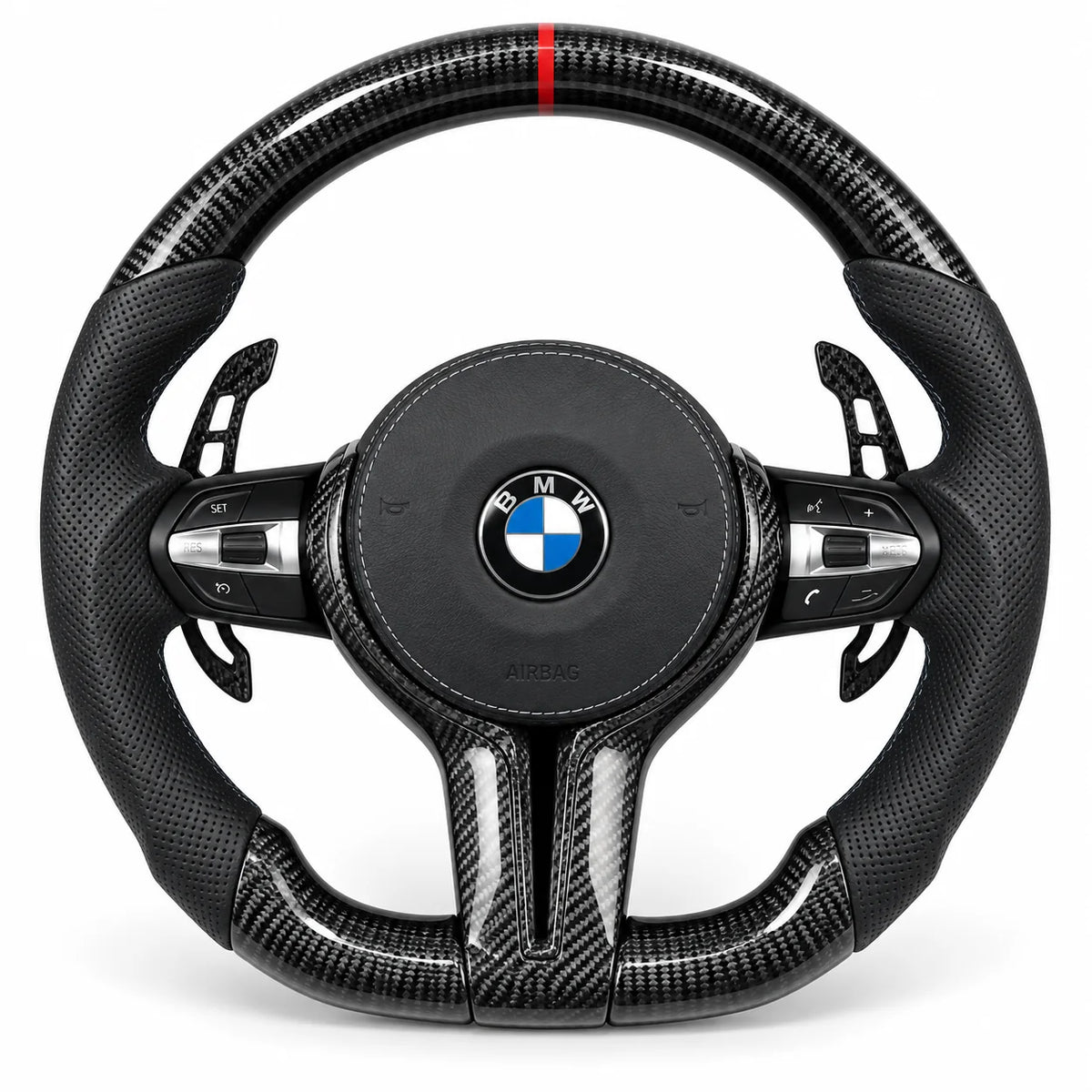 Version cuir perforé noir du même volant, haut et bas en carbone brillant, BMW F30 (palettes au volant en option, non comprises)