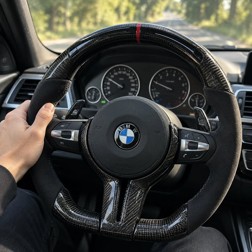 Main posée sur la prise, jonction entre le carbone et le côté en alcantara, modèle BMW F30