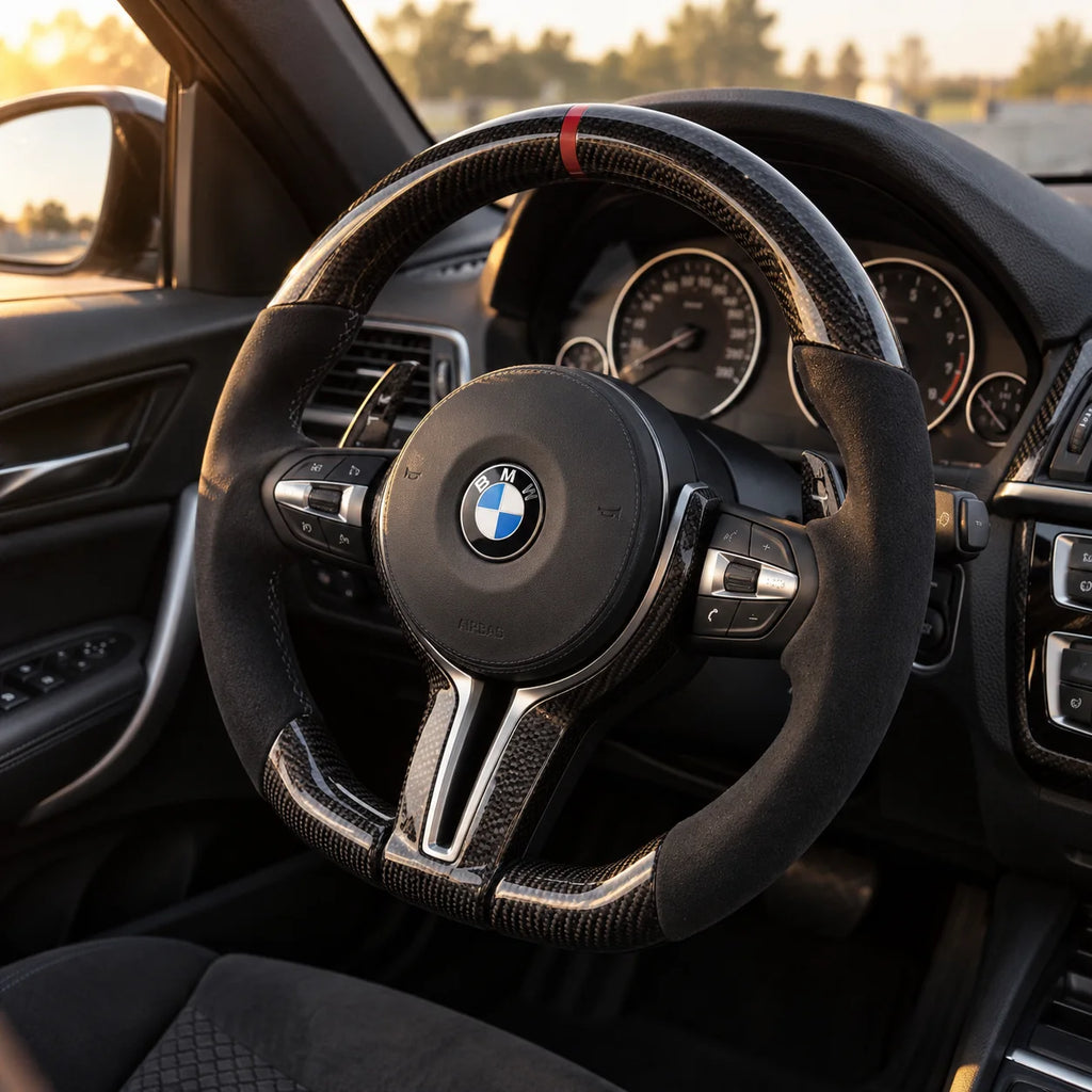 BMW F30 : volant monté vu depuis le siège passager, bas plat et carbone brillant
