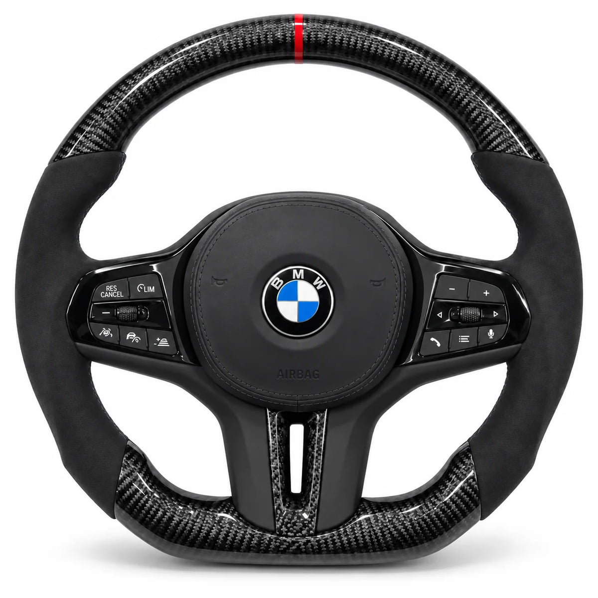 Volant carbone pour BMW G20, G30 et F40 vu de face, côtés en alcantara noir, repère rouge au sommet