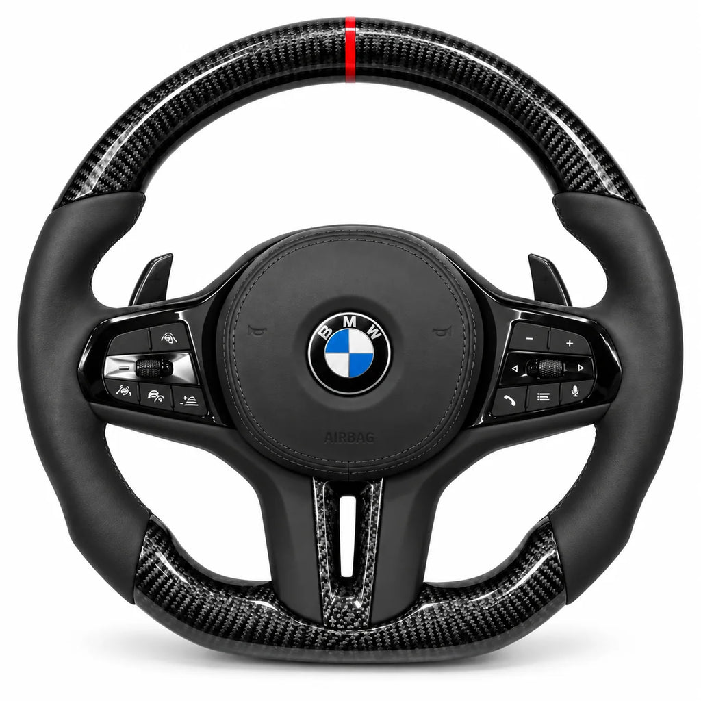 Version cuir lisse noir du même volant, haut et bas en carbone brillant, BMW G20, G30 et F40 (palettes au volant en option, non comprises)