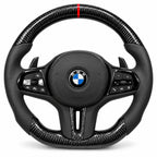 Version cuir lisse noir du même volant, haut et bas en carbone brillant, BMW G20, G30 et F40 (palettes au volant en option, non comprises)
