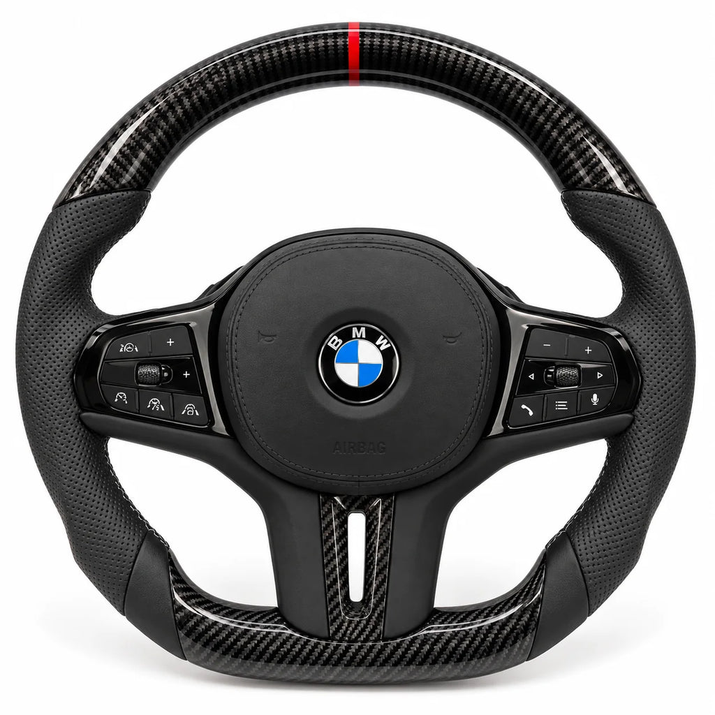 Version cuir perforé noir du même volant, haut et bas en carbone brillant, BMW G20