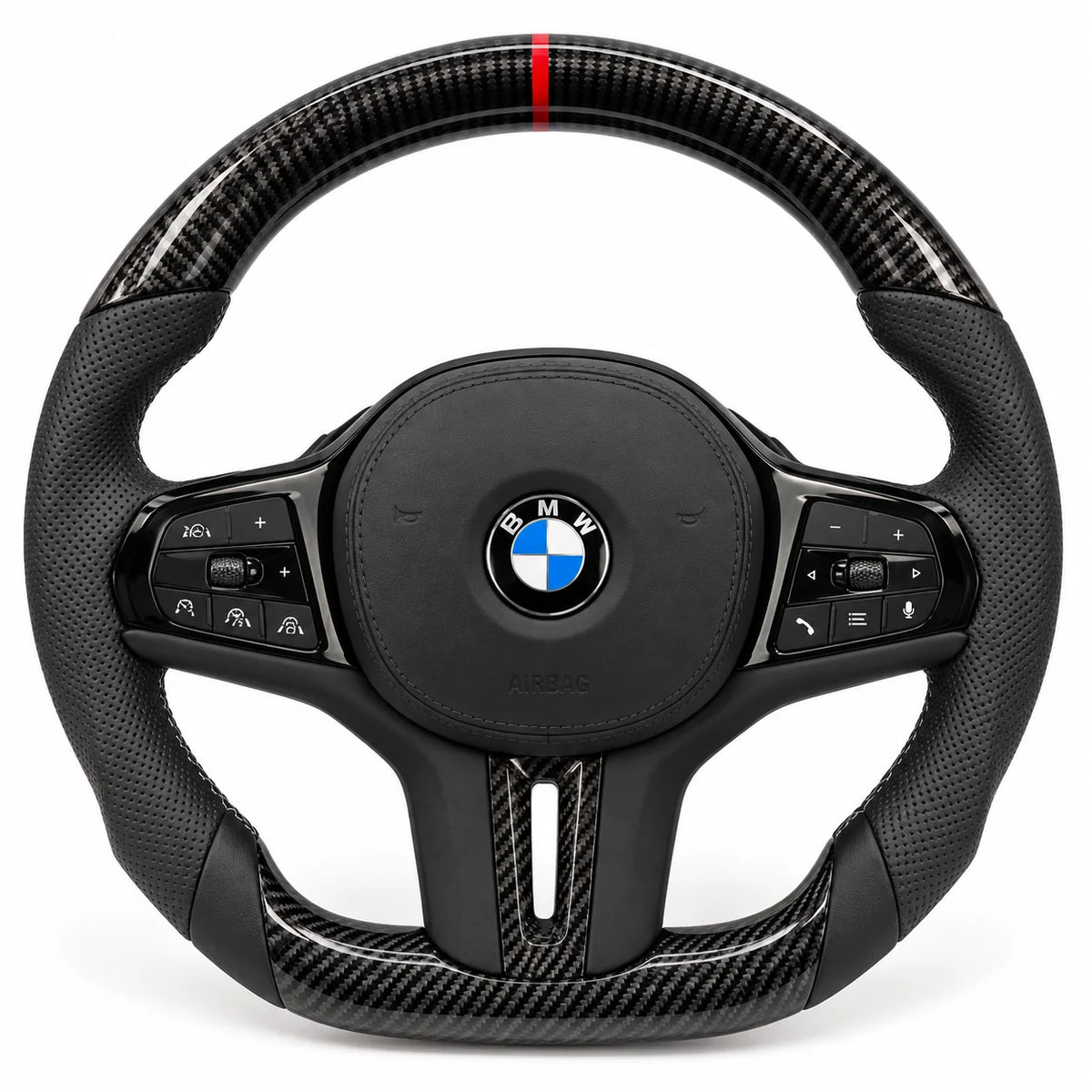 Version cuir perforé noir du même volant, haut et bas en carbone brillant, BMW G20