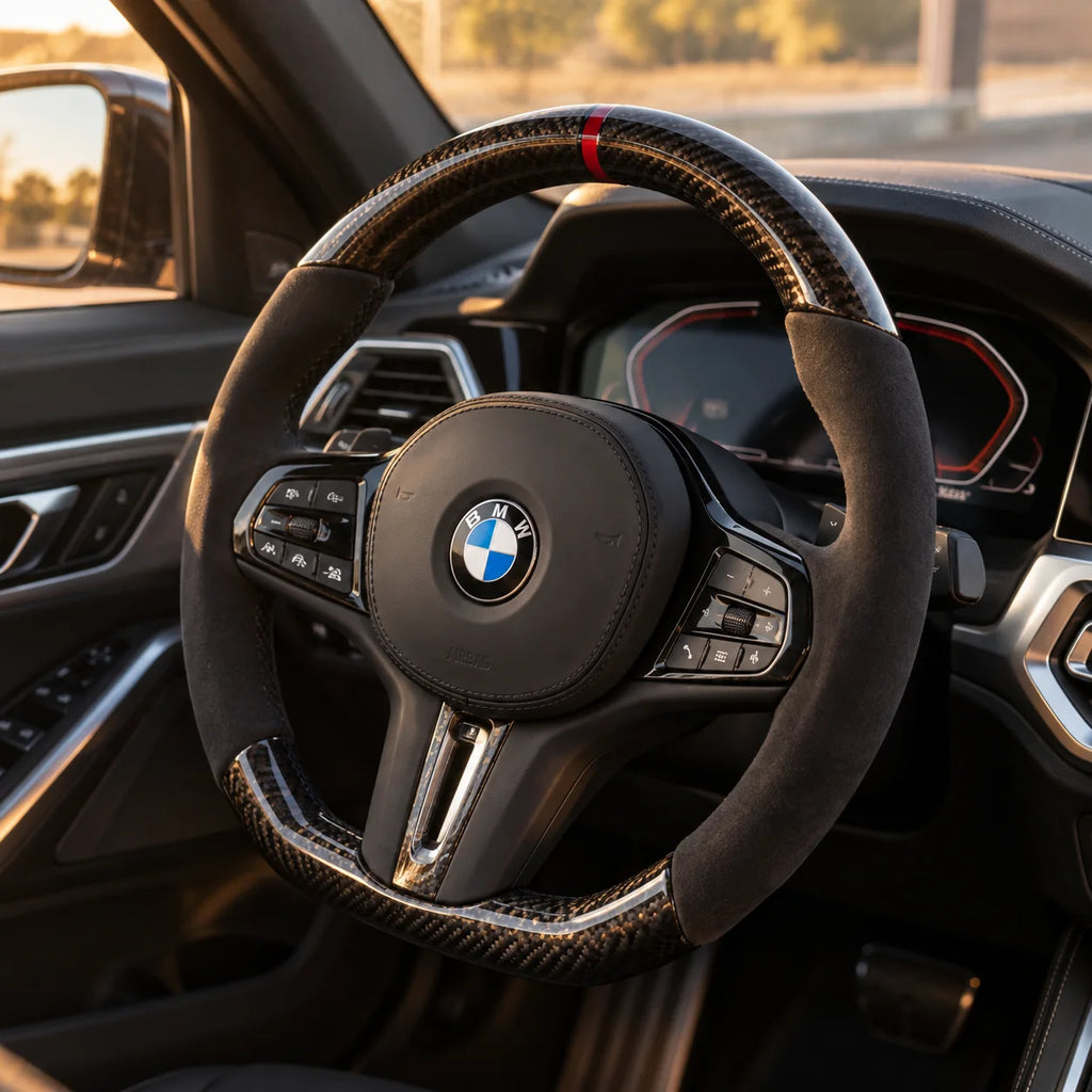 BMW G20 : volant monté vu depuis le siège passager, bas plat et carbone brillant