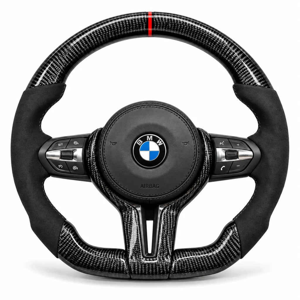 Volant carbone pour BMW M2, M3 et M4 F8x vu de face, côtés en alcantara noir, repère rouge au sommet