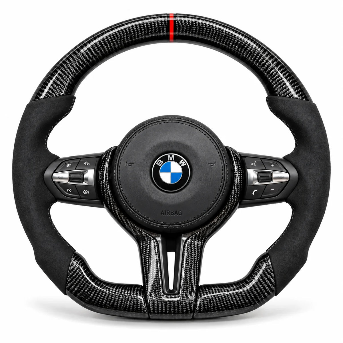 Volant carbone pour BMW M2, M3 et M4 F8x vu de face, côtés en alcantara noir, repère rouge au sommet