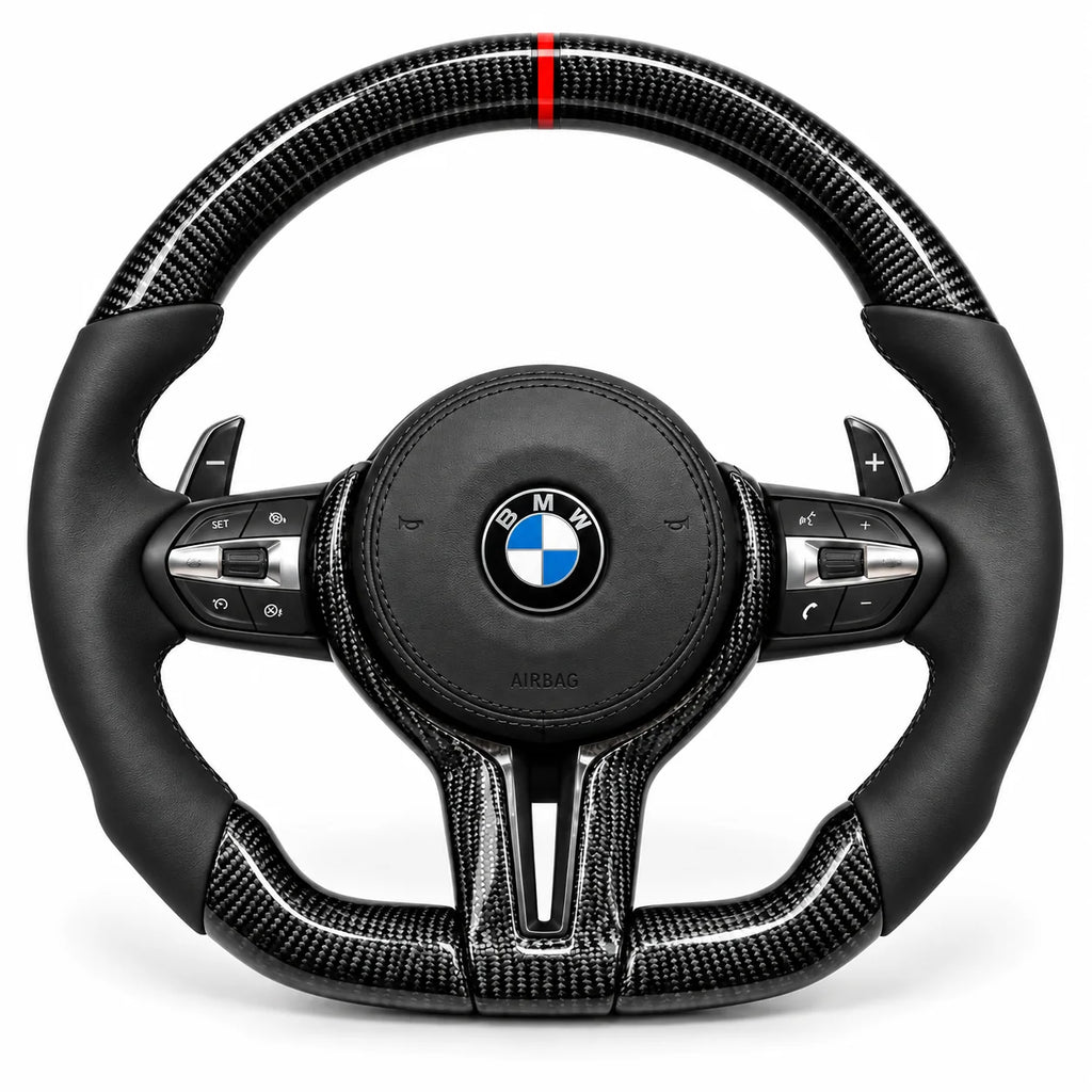 Version cuir lisse noir du même volant, haut et bas en carbone brillant, BMW M2, M3 et M4 F8x (palettes au volant en option, non comprises)