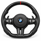 Version cuir lisse noir du même volant, haut et bas en carbone brillant, BMW M2, M3 et M4 F8x (palettes au volant en option, non comprises)