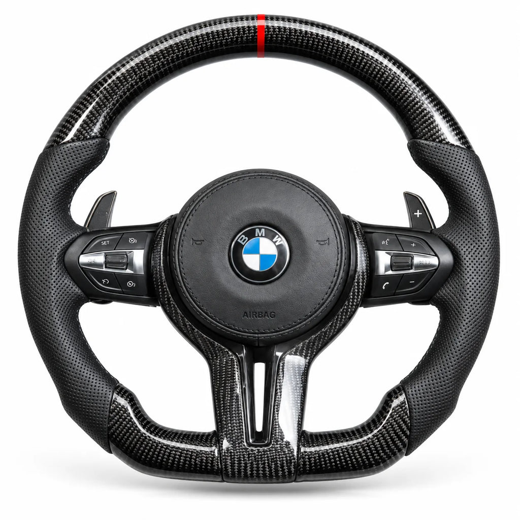 Version cuir perforé noir du même volant, haut et bas en carbone brillant, modèle BMW M3 F80 (palettes au volant en option, non comprises)