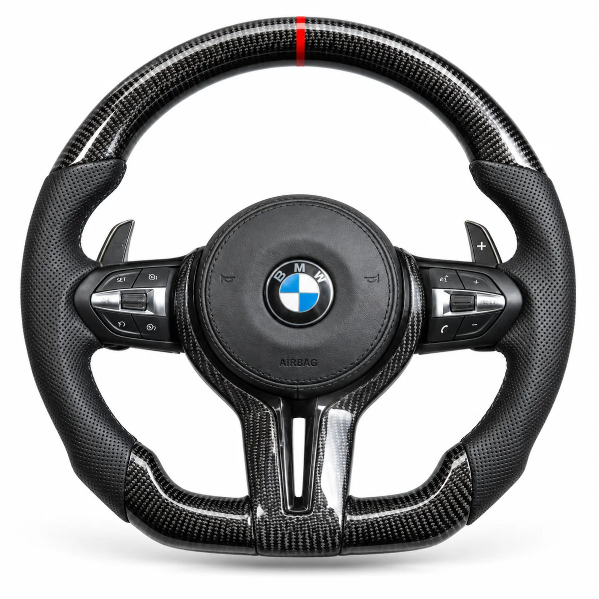Version cuir perforé noir du même volant, haut et bas en carbone brillant, modèle BMW M3 F80 (palettes au volant en option, non comprises)
