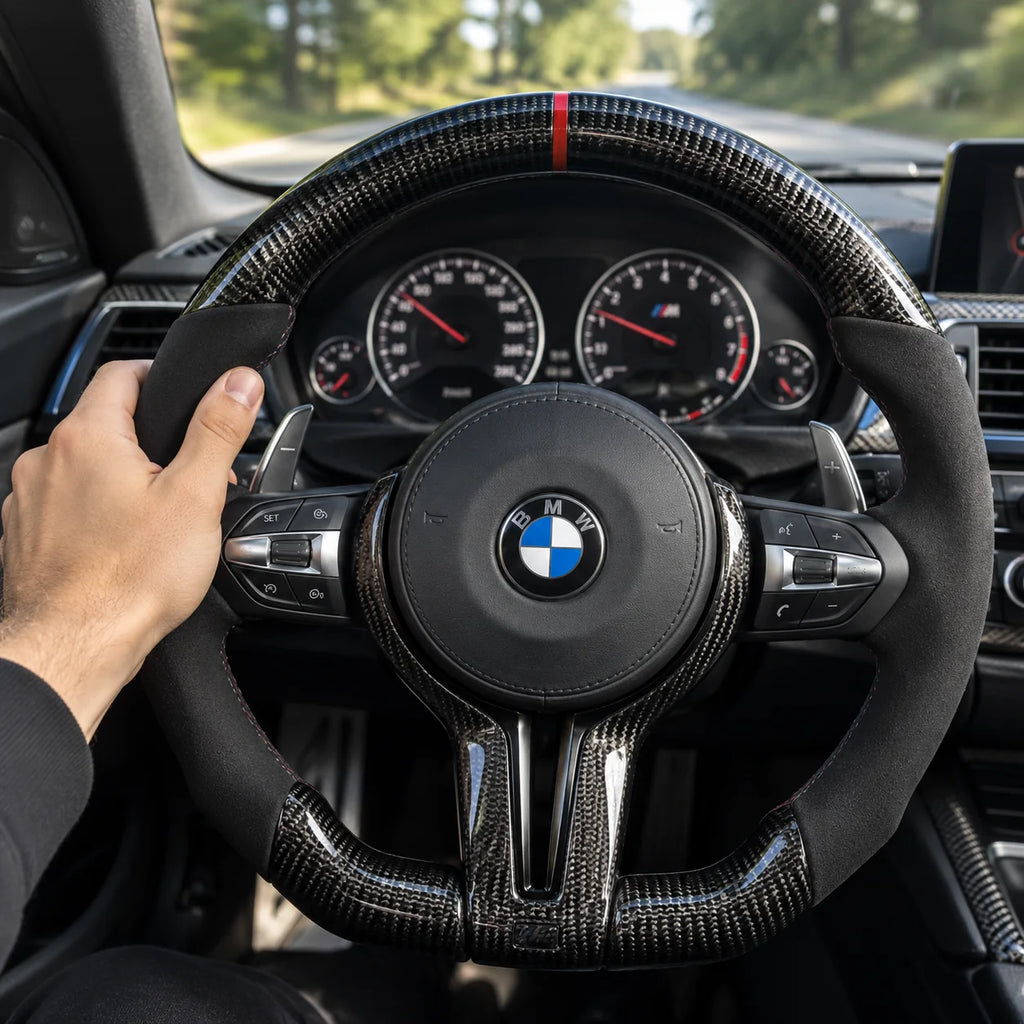 Main posée sur la prise, jonction entre le carbone et le côté en alcantara, BMW M3 F80