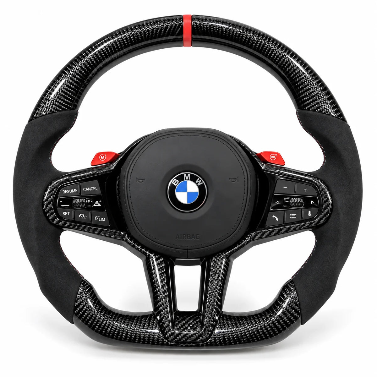 Volant carbone pour BMW M3 G80 et M4 G82 vu de face, côtés en alcantara noir, repère rouge au sommet