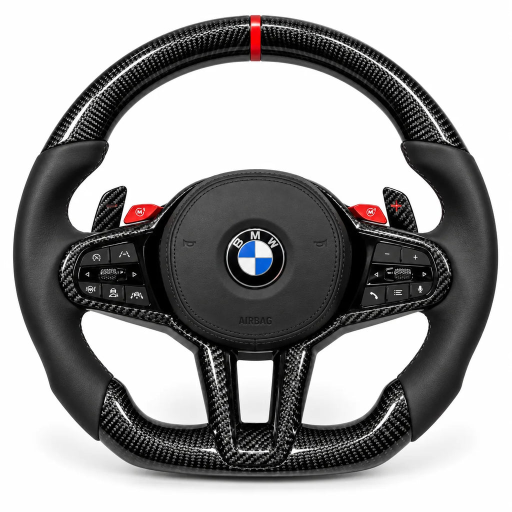 Version cuir lisse noir du même volant, haut et bas en carbone brillant, BMW M3 G80 et M4 G82 (palettes au volant en option, non comprises)