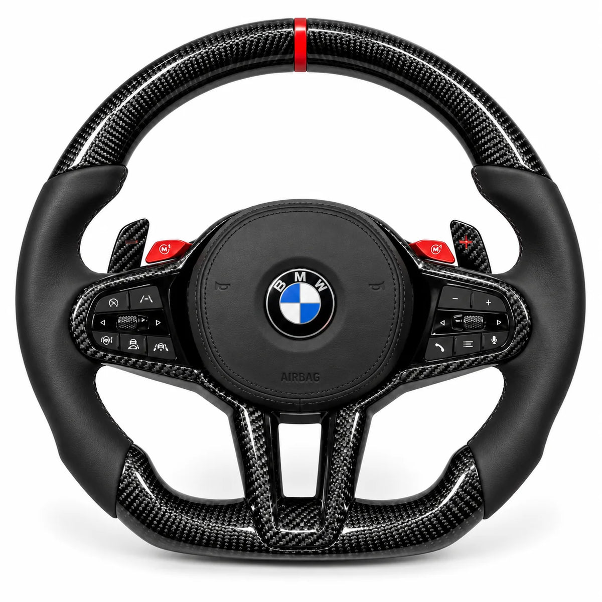 Version cuir lisse noir du même volant, haut et bas en carbone brillant, BMW M3 G80 et M4 G82 (palettes au volant en option, non comprises)