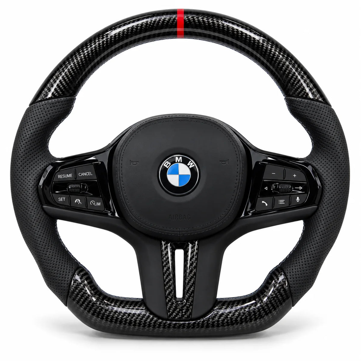 Version cuir perforé noir du même volant, haut et bas en carbone brillant, modèle BMW M3 G80
