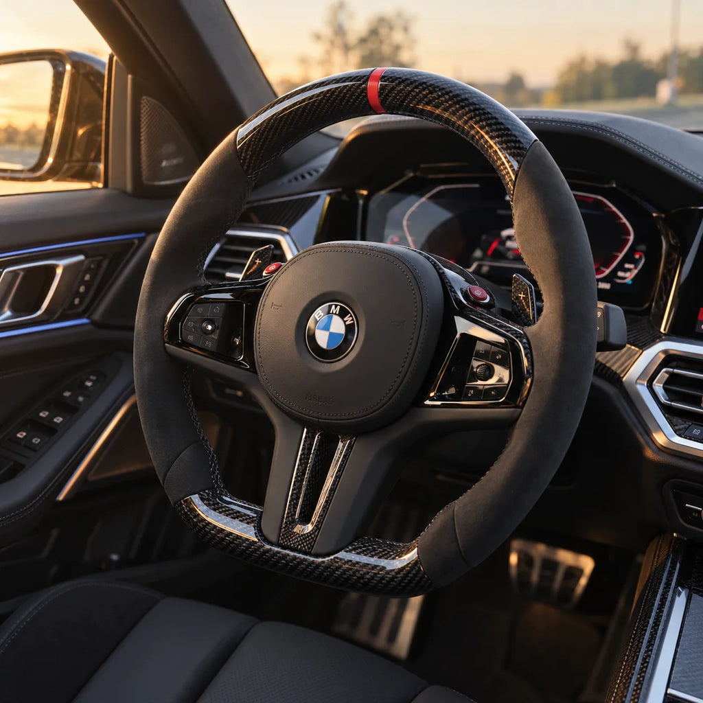 BMW M3 G80 : volant monté vu depuis le siège passager, bas plat et carbone brillant