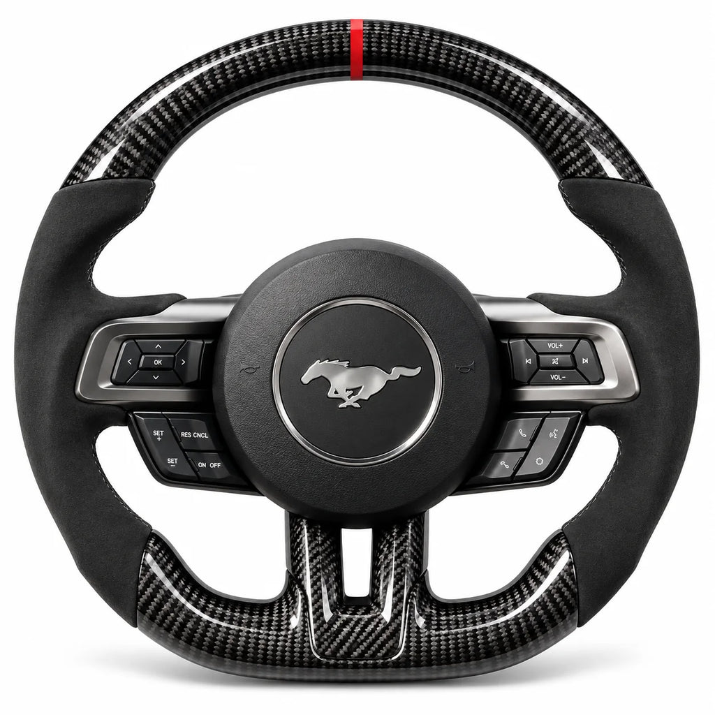 Volant carbone pour Ford Mustang S550 vu de face, côtés en alcantara noir, repère rouge au sommet