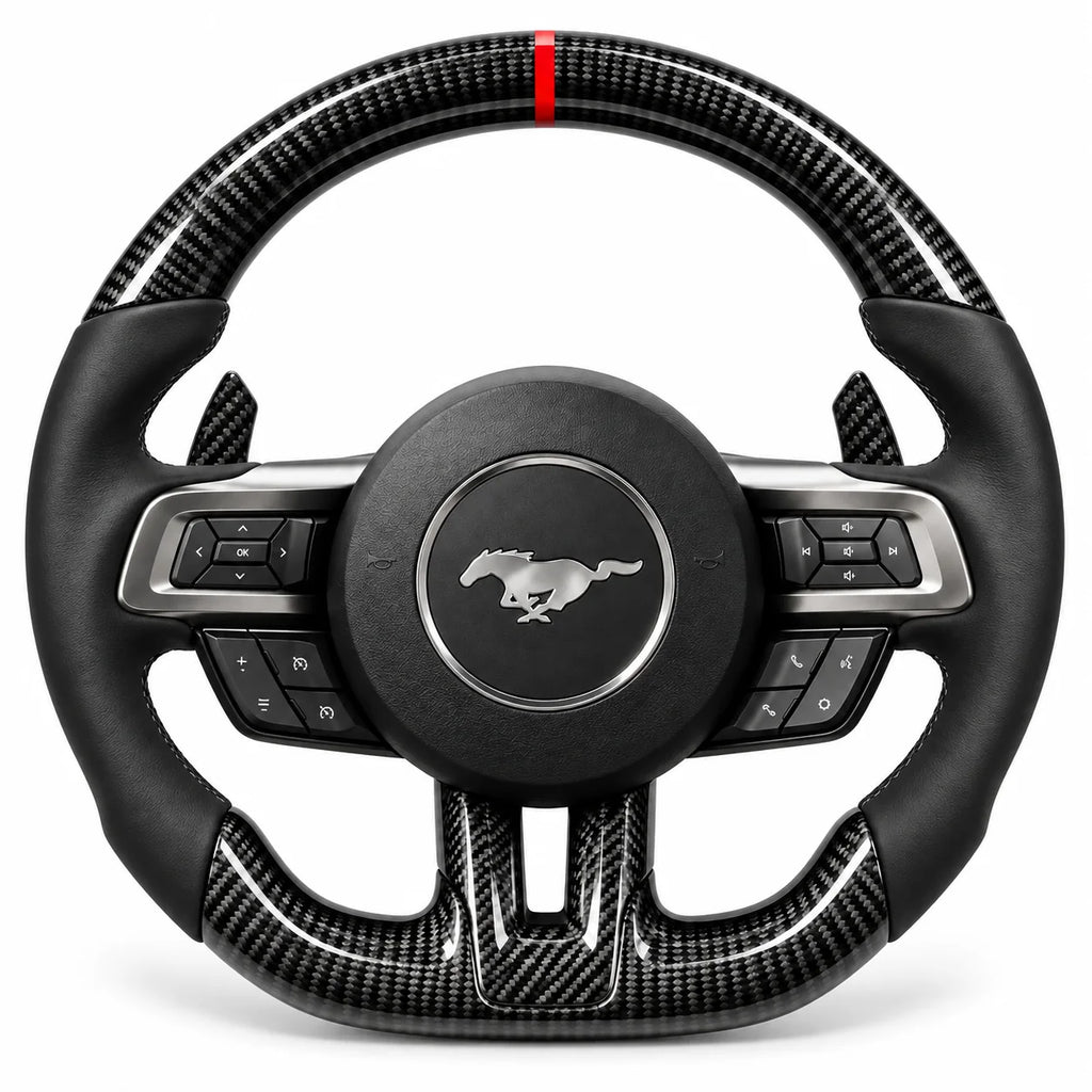 Version cuir lisse noir du même volant, haut et bas en carbone brillant, Ford Mustang S550 (palettes au volant en option, non comprises)