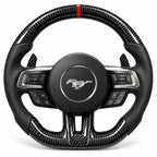 Version cuir lisse noir du même volant, haut et bas en carbone brillant, Ford Mustang S550 (palettes au volant en option, non comprises)