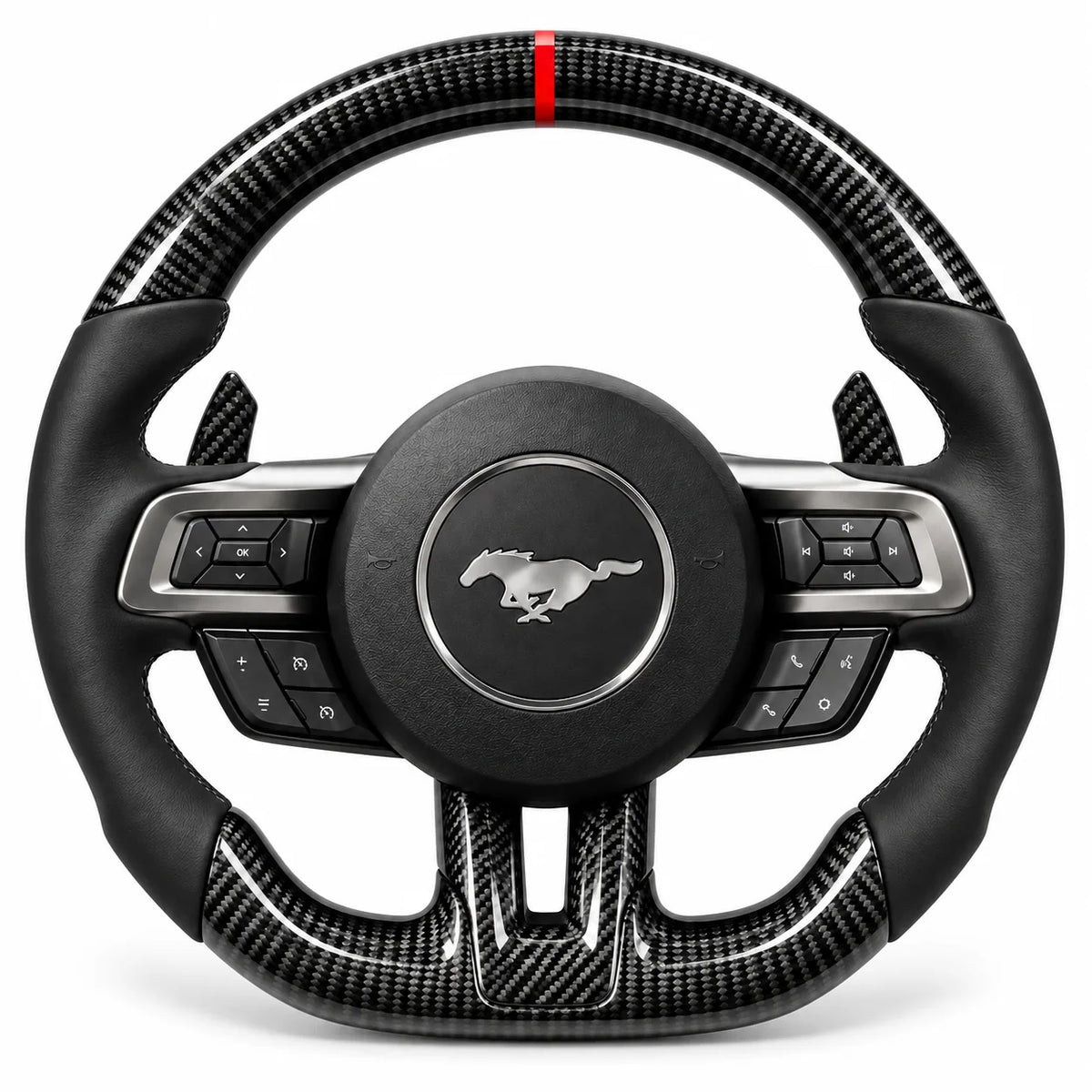 Version cuir lisse noir du même volant, haut et bas en carbone brillant, Ford Mustang S550 (palettes au volant en option, non comprises)