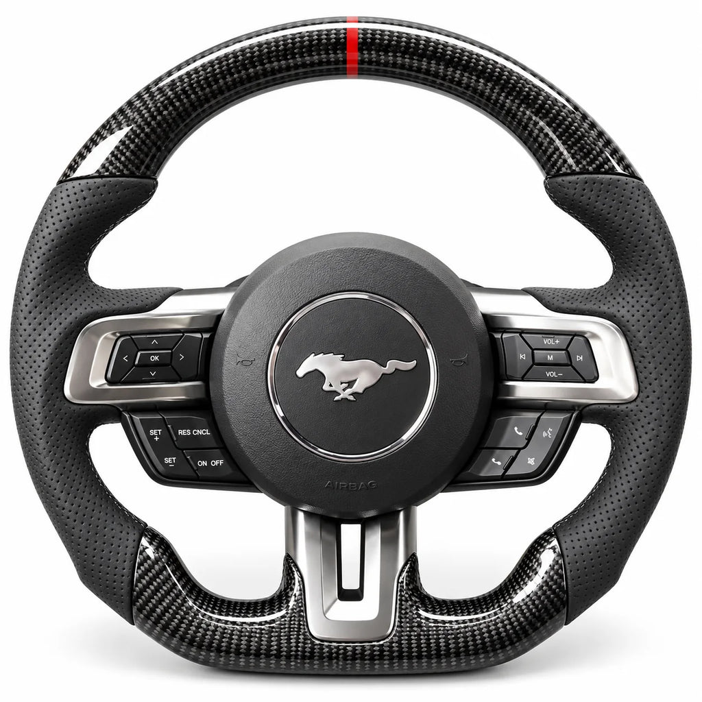 Version cuir perforé noir du même volant, haut et bas en carbone brillant, Mustang S550