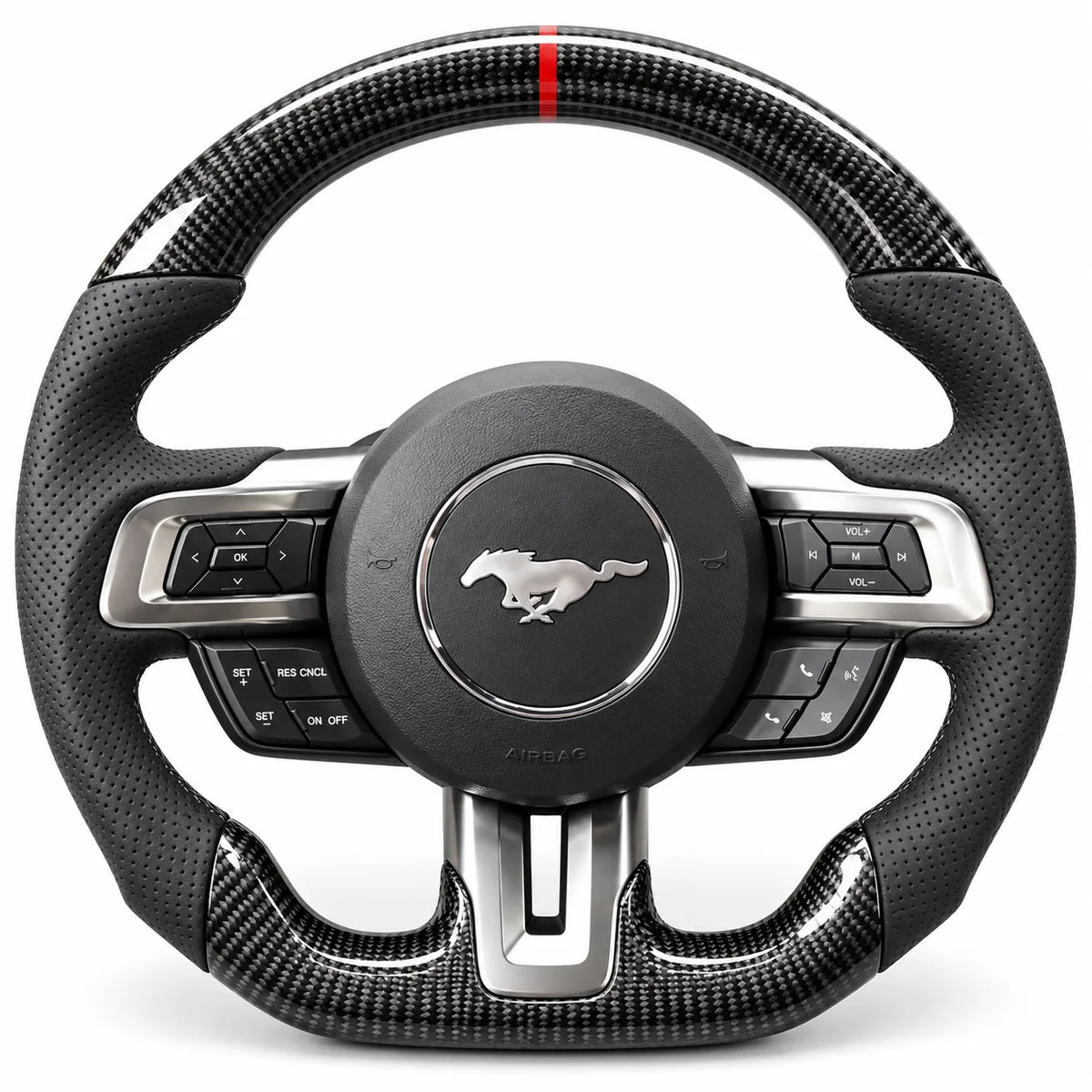Version cuir perforé noir du même volant, haut et bas en carbone brillant, Mustang S550