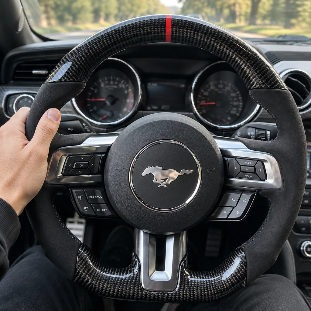 Main posée sur la prise, jonction entre le carbone et le côté en alcantara, modèle Mustang S550