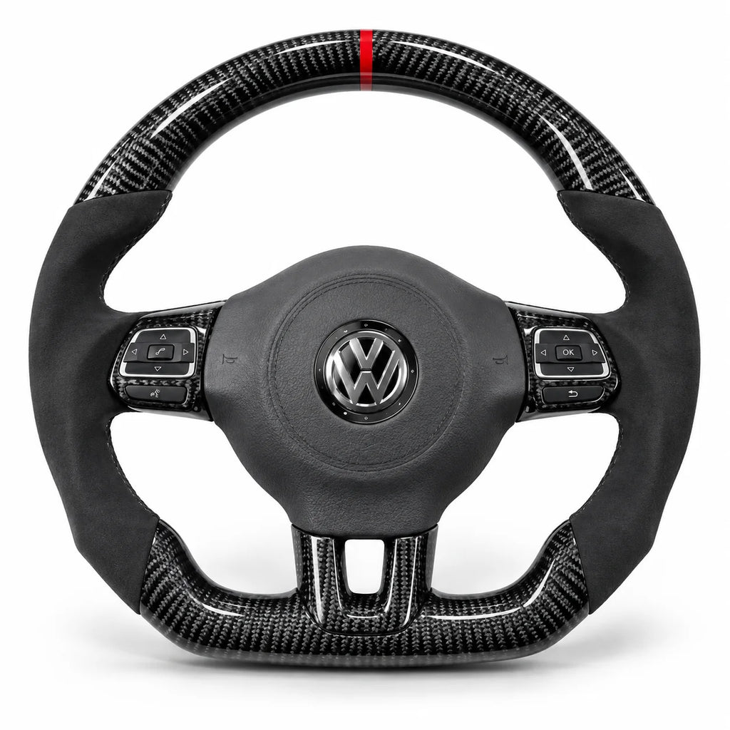 Volant carbone pour Golf 6 GTI et R vu de face, côtés en alcantara noir, repère rouge au sommet