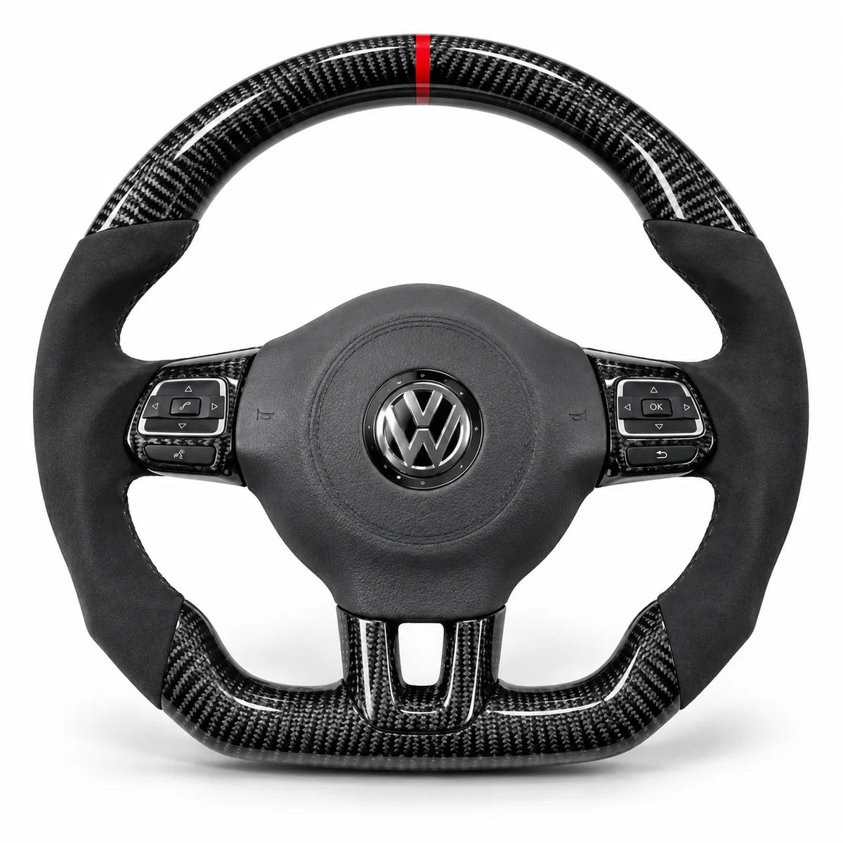 Volant carbone pour Golf 6 GTI et R vu de face, côtés en alcantara noir, repère rouge au sommet