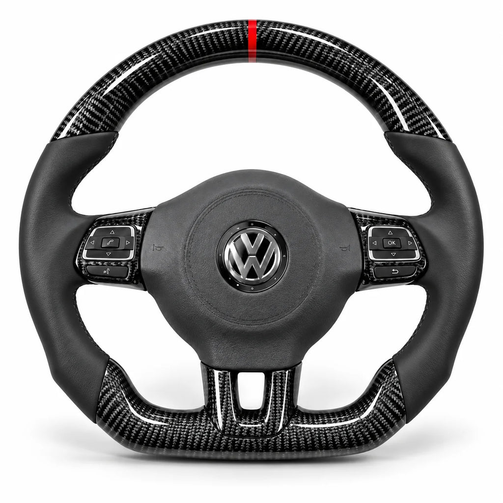 Version cuir lisse noir du même volant, haut et bas en carbone brillant, Golf 6 GTI et R