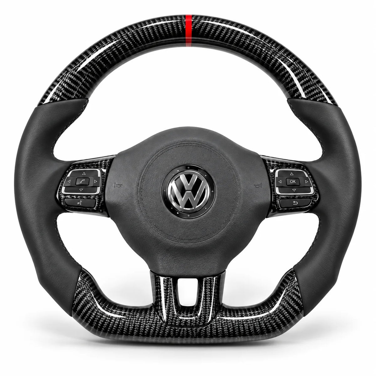 Version cuir lisse noir du même volant, haut et bas en carbone brillant, Golf 6 GTI et R