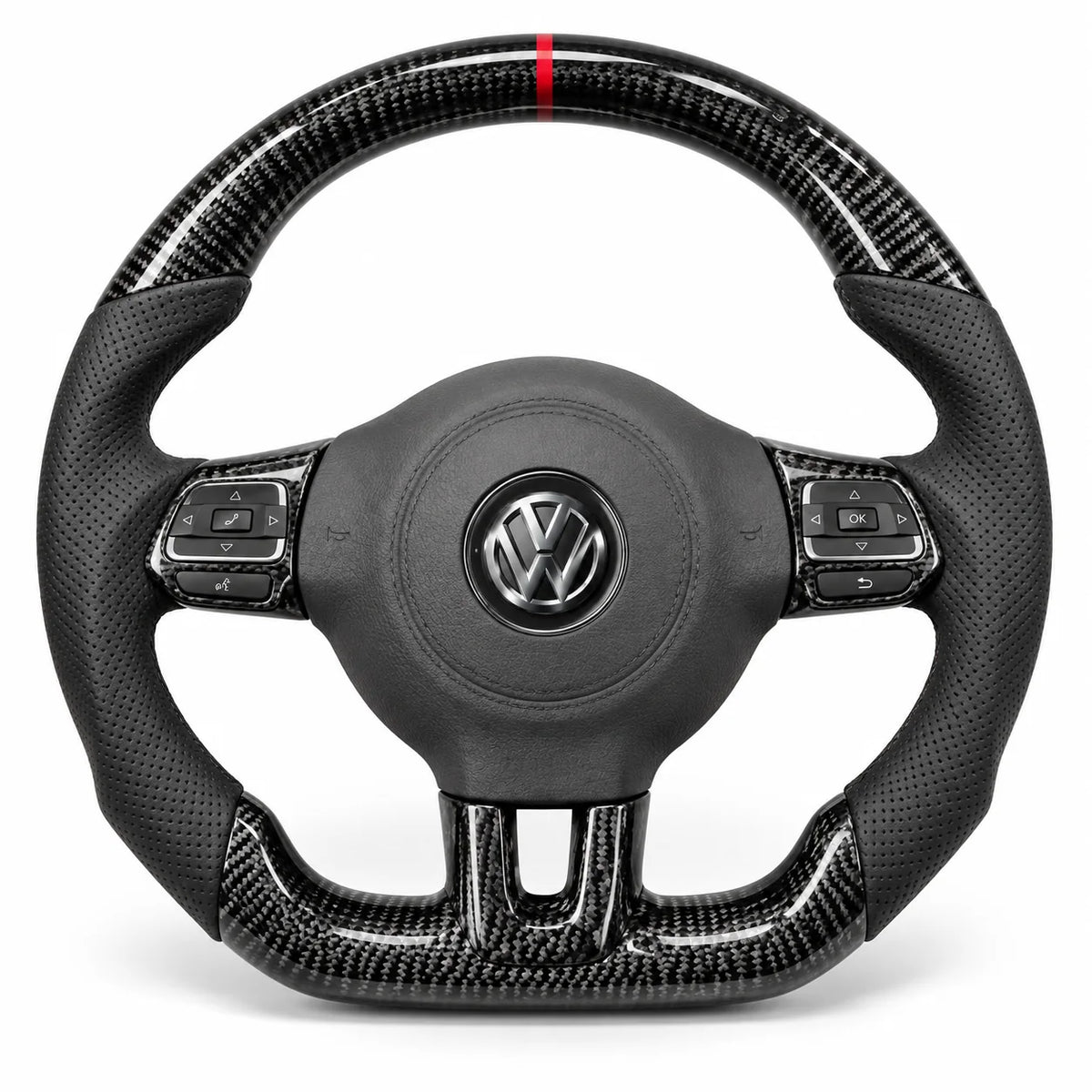 Version cuir perforé noir du même volant, haut et bas en carbone brillant, Golf 6 GTI