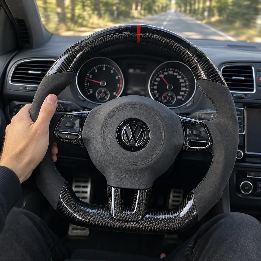 Main posée sur la prise, jonction entre le carbone et le côté en alcantara, modèle Golf 6 GTI