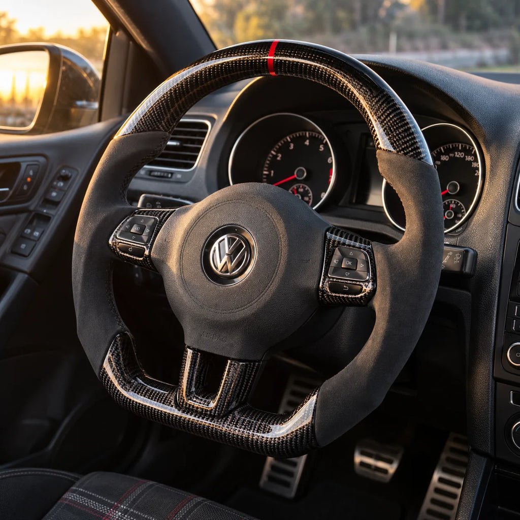 Golf 6 GTI : volant monté vu depuis le siège passager, bas plat et carbone brillant