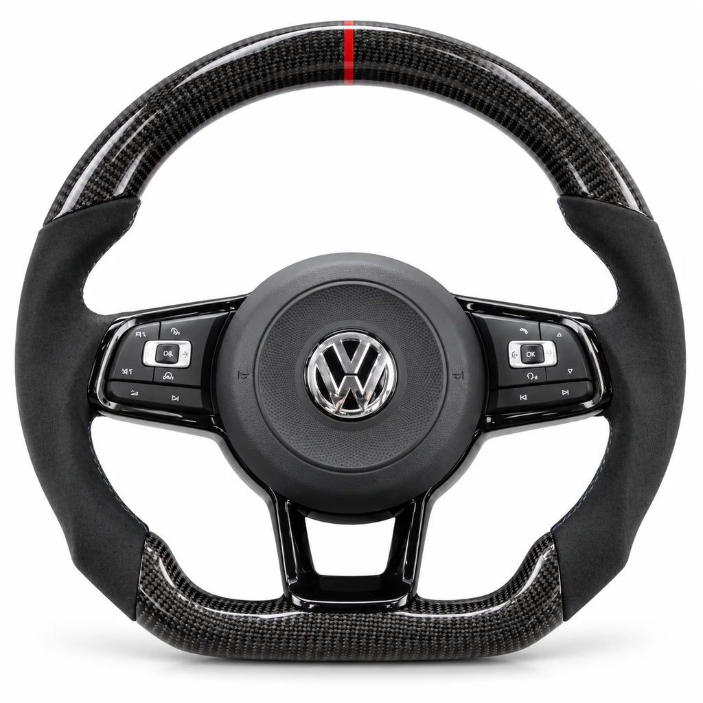 Volant carbone pour Golf 7 GTI, R et GTD vu de face, côtés en alcantara noir, repère rouge au sommet