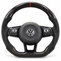 Volant carbone pour Golf 7 GTI, R et GTD vu de face, côtés en alcantara noir, repère rouge au sommet