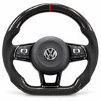 Volant carbone pour Golf 7 GTI, R et GTD vu de face, côtés en alcantara noir, repère rouge au sommet