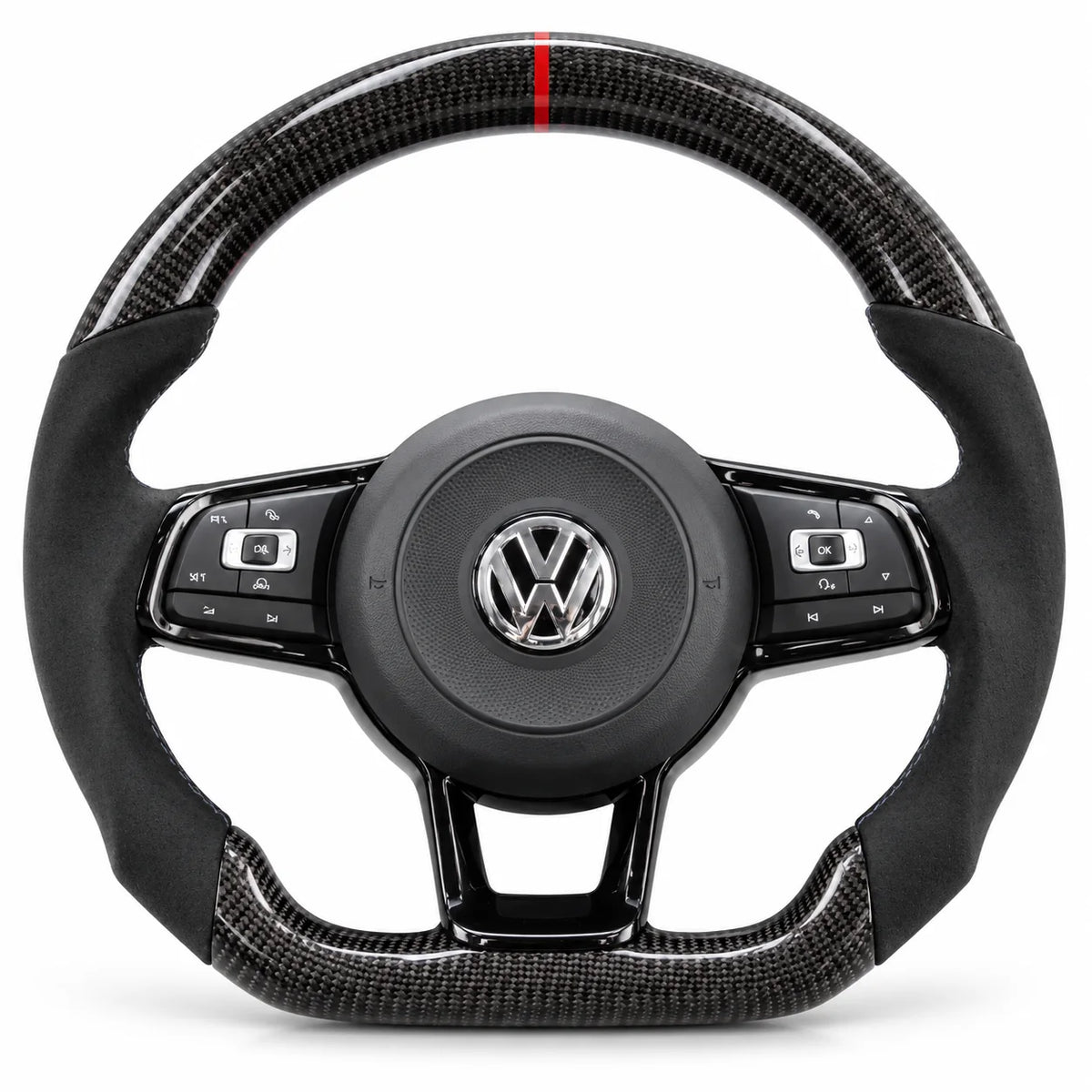 Volant carbone pour Golf 7 GTI, R et GTD vu de face, côtés en alcantara noir, repère rouge au sommet