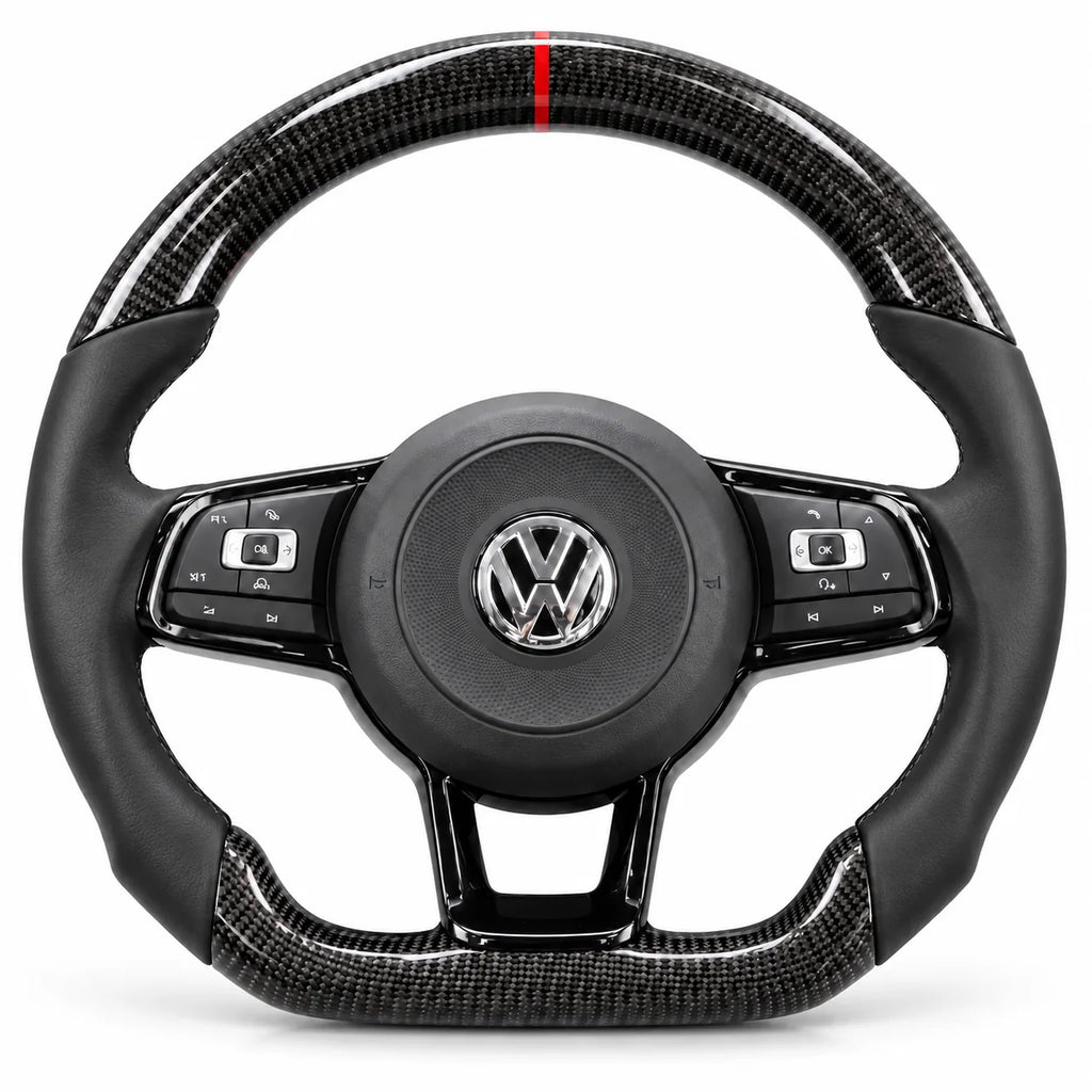 Version cuir lisse noir du même volant, haut et bas en carbone brillant, Golf 7 GTI, R et GTD