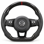 Version cuir lisse noir du même volant, haut et bas en carbone brillant, Golf 7 GTI, R et GTD