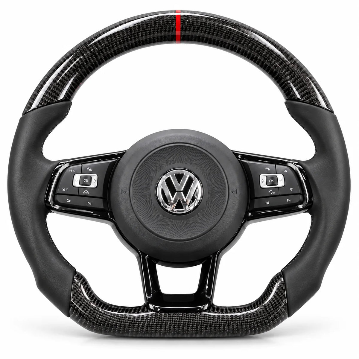 Version cuir lisse noir du même volant, haut et bas en carbone brillant, Golf 7 GTI, R et GTD
