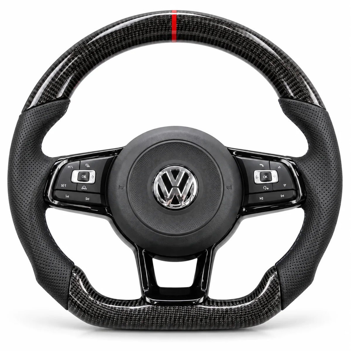 Version cuir perforé noir du même volant, haut et bas en carbone brillant, Golf 7 GTI