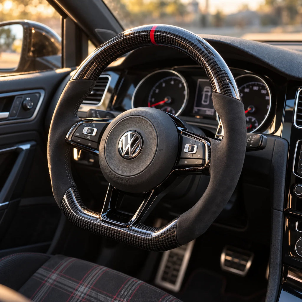 Golf 7 GTI : volant monté vu depuis le siège passager, bas plat et carbone brillant