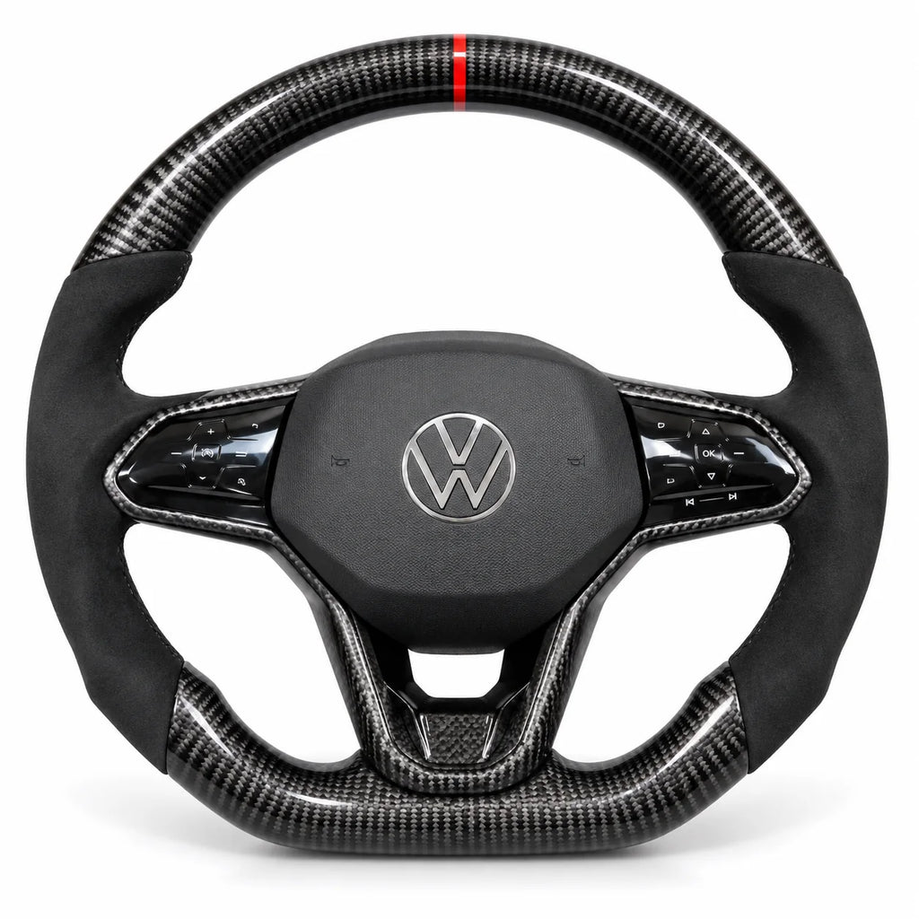 Volant carbone pour Golf 8 GTI et R vu de face, côtés en alcantara noir, repère rouge au sommet