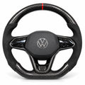 Volant carbone pour Golf 8 GTI et R vu de face, côtés en alcantara noir, repère rouge au sommet
